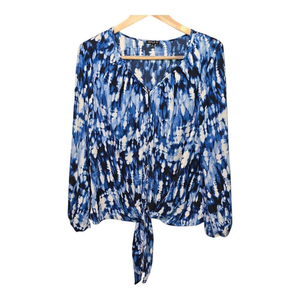 Sami & Jo Womens Top Plus Size 2X Blue White Long Sleeve V-Neck Geometric Print